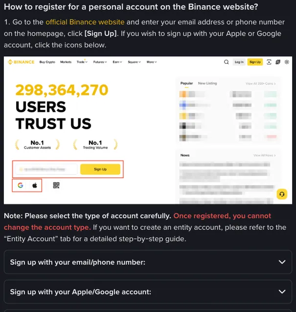 Binance Help Center page on registering a personal account on the website: step 1 shows the homepage email or phone box with the Sign Up button and the Google and Apple icons, a red note that the account type cannot be changed, then collapsed email/phone and Apple/Google sign-up sections